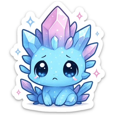 chibi kawaii crystal sprite creature, blue and pink crystals, big sad eyes, sparkling, cute and tiny sticker