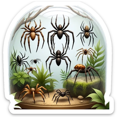 Collage of various spiders, including tarantulas and other exotic species, inside a  terrarium with webs and natural décor. Close-up shots of their intricate legs, eyes, and fuzzy bodies. Soft lighting, transparent background. sticker