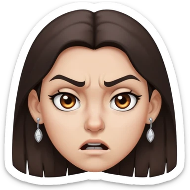 angry girl with dark brown hair below shoulders, grey eyes, earring on right side of nose, pierced ears sticker