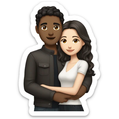 A pale half Asian man with short dark hair and amber eyes embracing and loving a white woman with long wavy brunette hair and dark hazel eyes. They love each other a lot And have good fashion taste and are hugging each other tight  sticker