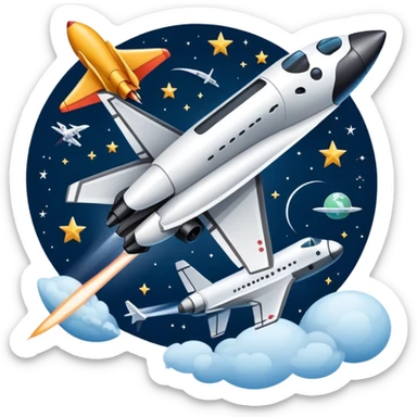 An icon featuring a space shuttle, a drone, and an airplane against a starry sky, symbolizing aerospace technology. The design includes rocket boosters and satellite orbits, representing the exploration of space and advanced aviation. Transparent background sticker