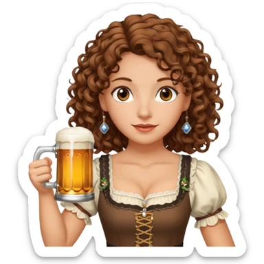 A white woman with brown, shoulder-length curly hair and brown eyes she is wearing a dirndl and holding a beer stein sticker