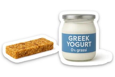 BARRETTA ENERGETICA E BARATTOLO DI YOGURT GRECO CON  LA SCRITTA "0% grassi" SULL'ETICHETTA  , ISOLATA SU SFONDO BIANCO sticker
