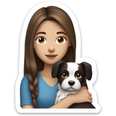 long brown hair girl with blue eyes cuddling a cute black and white dog sticker