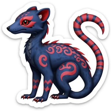 Rare warm-colored exotic gloomy tropical edgy cute epic aesthetic spooky indigo violet white black red gothic colorful Salandit-Salazzle-Civet-species-Fakemon-hybrid-creature, with tribal tattoo markings, full body sticker