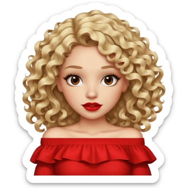 exaggerated features of woman with curly long blond hair, brown eyes, wearing an off-shoulder top,  sticker