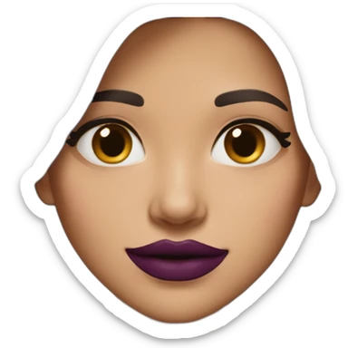 woman, dark brown long hair, wearing marsala lipstick and using a purple blazer sticker