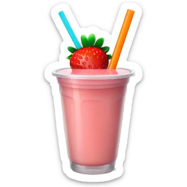 A strawberry banana smoothie with a (orange colored straw in a plastic cup) sticker