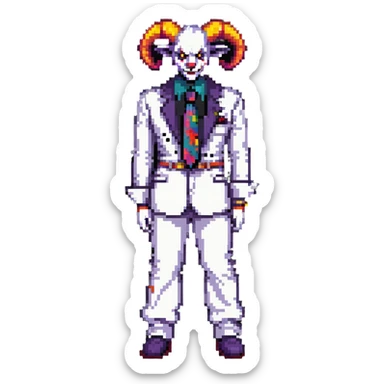 full-body demonic clown in a white leisure suit with bellbottom pants, bald, black ram horns, elevator shoes, flashy belt, ruffled shirt, colorful tie sticker