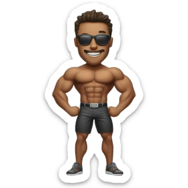 a man flexing muscle and smiling and sunglasses sticker