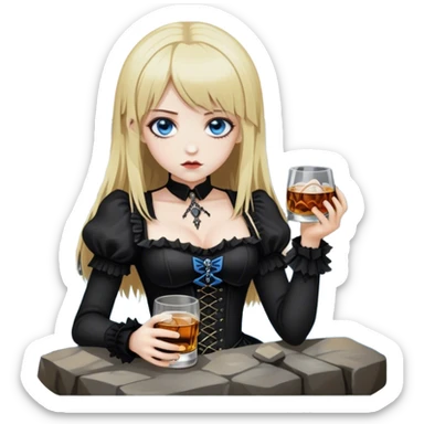 drunken misa from deathnote, blue eyes, gothic outfit, whiskey on the rocks sticker
