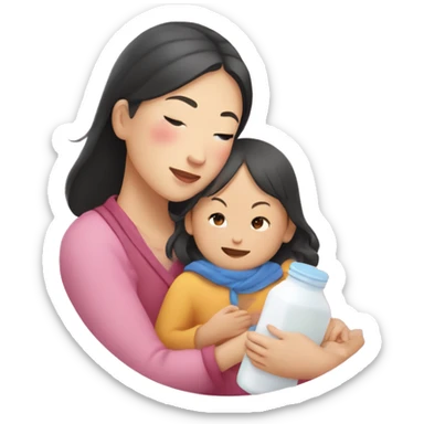 An Asian woman with white skin holds an Asian child in her arms, in her other hand a small bottle of milk, above this woman the word "ANA" is in a semicircle like a rainbow, but pink sticker