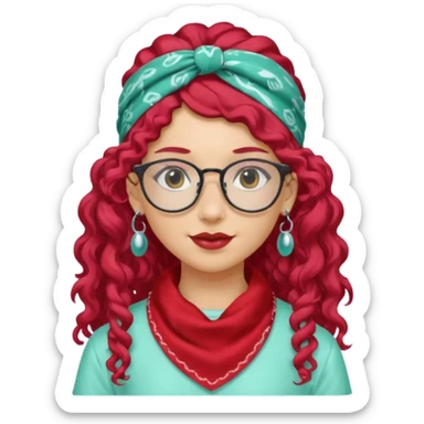 girl with long curly peppermint hair and single-color bandana and glassess and earring sticker