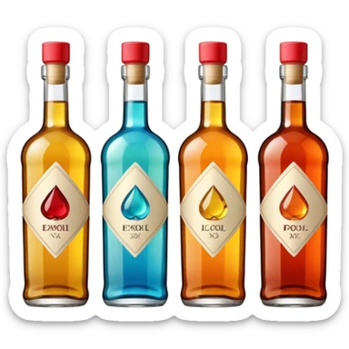 Four bottles of alcohol, each with distinct shapes and labels, arranged neatly in a row. The bottles should vary in color and size, with detailed labels and caps. sticker