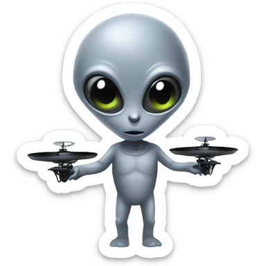Grey alien holding a drone sticker
