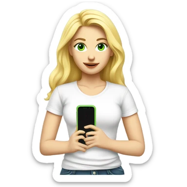 blonde woman, fair skin, green eyes, cell phone in hand, full body, t-shirt white sticker
