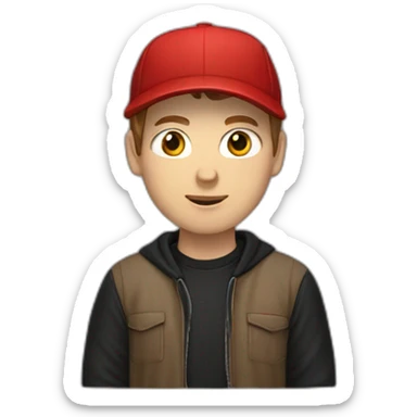 white guy with a red baseball cap reversed, brown hair, short hair, and a black hoodie,  sticker