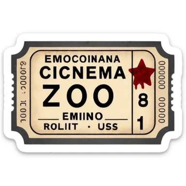 Minimalist emoji-style sticker of an old torn cinema ticket, with faded text “EMMO”, blood-stained edges and burn holes, grayscale paper

 sticker