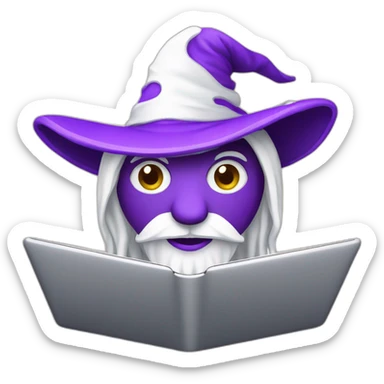 white magician with a purple magic hat working on a macbook sticker