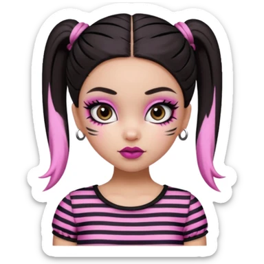 generate a pretty fair bratz girl with dark brown eyes. Dark brown hair straight hair with pink highlights tied into buns.  eyeliner. black lipstick. Black and white striped top.  sticker