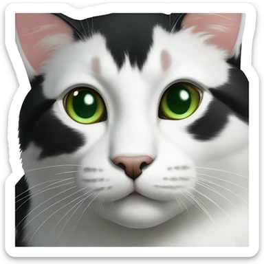 A black cat with green eyes with a white chin, with a thin white stripe on the nose on the right side, with a white breast and white paws sticker