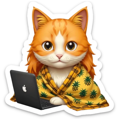 An orange female cat with a computer, with long eyelashes and black wavy hair,
She wears a blanket with pineapple patterns on her body, There's no pineapple sticker