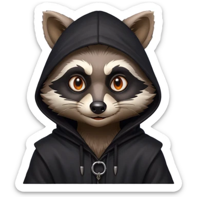 gothic thief raccoon portrait, head and shoulders only, dark hood, glowing eyes, mysterious sneaky grin, 3D cartoon, mobile game icon style, clean background, no text, no watermark
 sticker