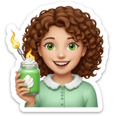 Girl with curly hair and green eyes holding a jar of icing and a lighter and laughing so hard sticker