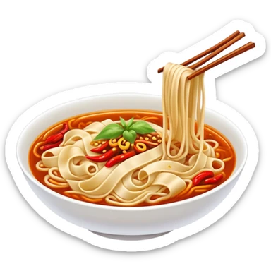 Xi'an Biangbiang noodles with extra wide belt shape and chili oil, simplified emoji style with bold outlines and bright colors, cartoon style Shaanxi specialty sticker