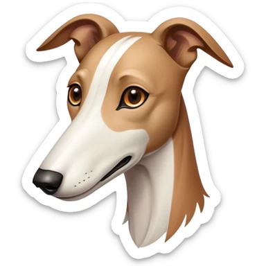 Cinematic Noble White and Brown Greyhound Portrait Emoji, Poised and regal, with a slender, aerodynamic build and a sleek Fur of pristine white accented by warm brown markings, deep-set soulful eyes, Simplified yet sharp and sophisticated features, highly detailed, glowing with a soft, dignified glow, high shine, intelligent and agile, stylized with an air of elegance, focused and attentive, soft glowing outline, capturing the essence of a watchful and swift companion, so majestic it feels as though it could dash out of the screen with effortless authority! sticker