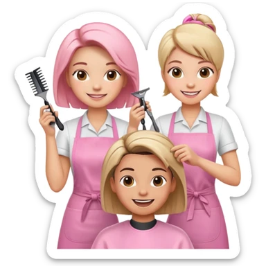 happy woman in pink apron getting a haircut from smiling female hairstylist sticker