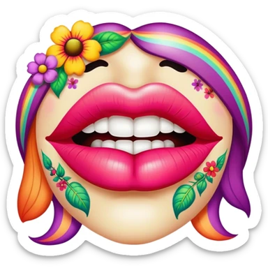 psychedelic colored lips with hippie style flowers sticker