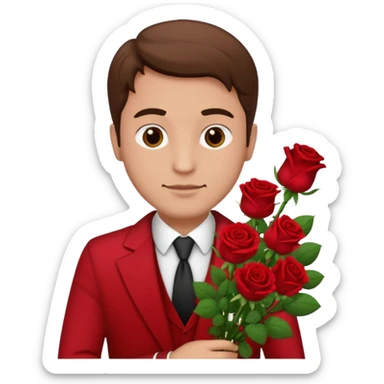 Un homme blanc brun pas en costard qui donne un bouquet de roses dans la main sticker