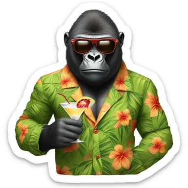 a gorilla wearing sunglasses and a hawaiian shirt, holding a martini sticker