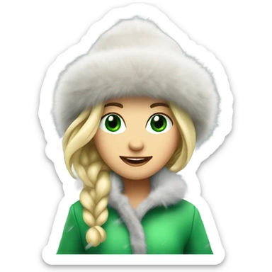 blonde girl with green eyes in a fur hat dancing in the snow full body sticker