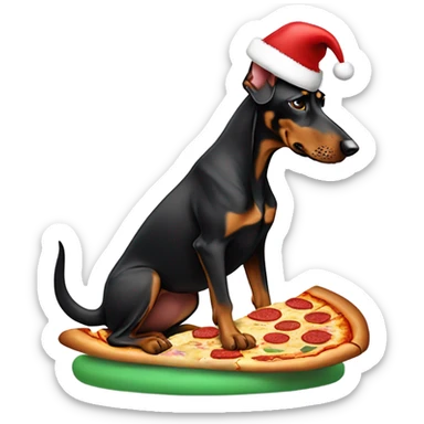 Doberman with Santa hat eating pizza sticker