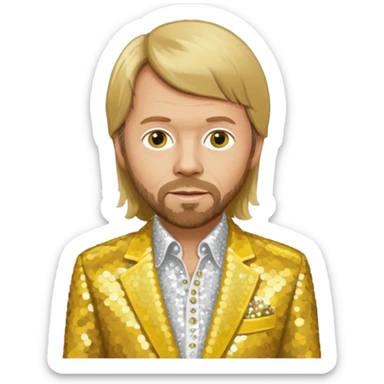 Björn Ulvaeus from ABBA with long dark blonde hair, yellow sequin shirt, white sequin suit jacket sticker