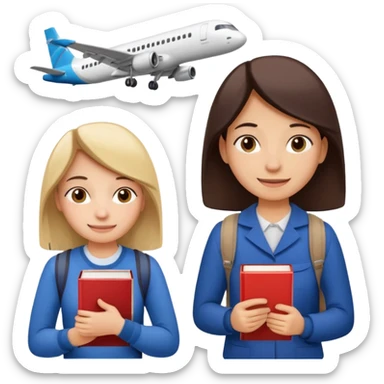 Create two emoji characters.

Left: a stressed, sad student preparing for IELTS, holding books and coffee, tired face, exam stress.

Right: a happy confident student after IELTS, traveling abroad, airplane, university, freedom, smiling.

Style: emoji, clean, simple, white background. sticker