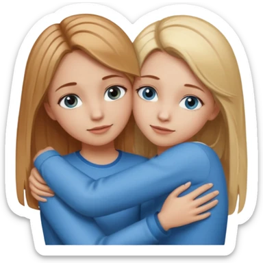 Two girls are hugging. One has dirty blonde hair with a little reddish in it. She has also grey eyes. Her hair is long and straight. The other girl is blonde and has really bright blue eyes sticker