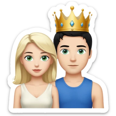 Prince with crown, black hair, body, legst, blue eyes, woman blonde hair, green eyes, sexy white short sleveless dress,  sticker