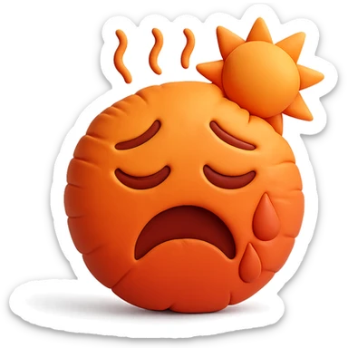 hot emoji with sun and heat waves, red and orange tones, soft plush cushion style sticker