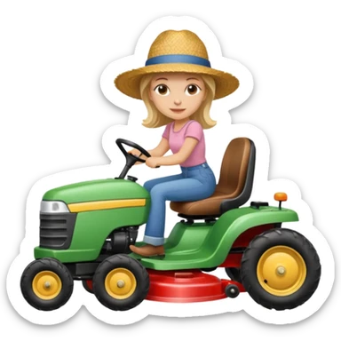 White woman without glasses wearing a straw hat, on old Westwood ride on lawn mower.  sticker