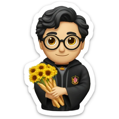 Harry potter avec les cheveux noir ondulés noir des lunettes ronde une cicatrice une baguette magique et un pot de fleur  sticker