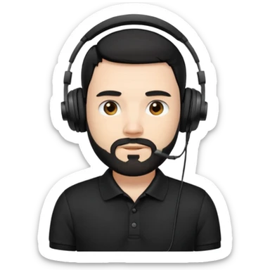 black and  hair with beard and headphones white skin male and nice polo shirt hair short on side black polo  sticker