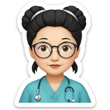 OLD ASIAN WOMAN WITH GLASSES, NURSE SCRUBS, HAIR BUN, BLACK HAIR, CHUBBY sticker