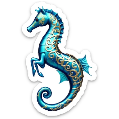 Cinematic Noble Sea Horse Portrait Emoji, Poised and elegant, with a delicate, upright body adorned with intricate, flowing patterns and a gracefully curled tail, with keen, expressive eyes, Simplified yet sharp and sophisticated features, highly detailed, glowing with a soft, aquatic luminescence, high shine, intelligent and refined, stylized with an air of ethereal marine grace, focused and poised, soft glowing outline, capturing the essence of a watchful and confident sea guardian that appears ready to drift out of the screen with effortless authority! sticker