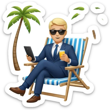 blonde businessman in suit sitting in beach chair on vacation, tropical beach sticker