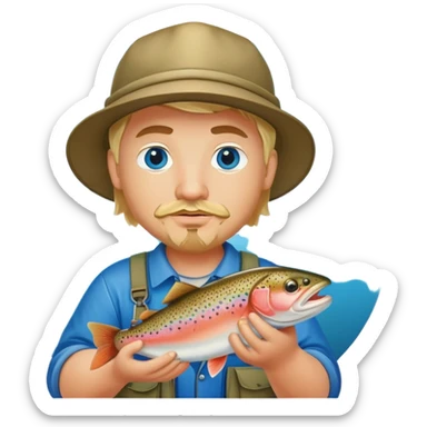 Pêcheur blond avec bouc  grassouillet yeux bleus et présentant truite sticker