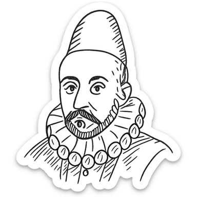 a hand drawn black outline portrait of philosopher Montaigne with similar-sized eyes based a famous portrait of him sticker