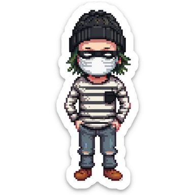 character with black and white striped shirt, black beanie, black mask over eyes sticker